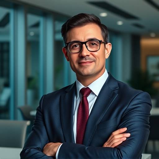 Professional portrait of a business executive in a modern office setting