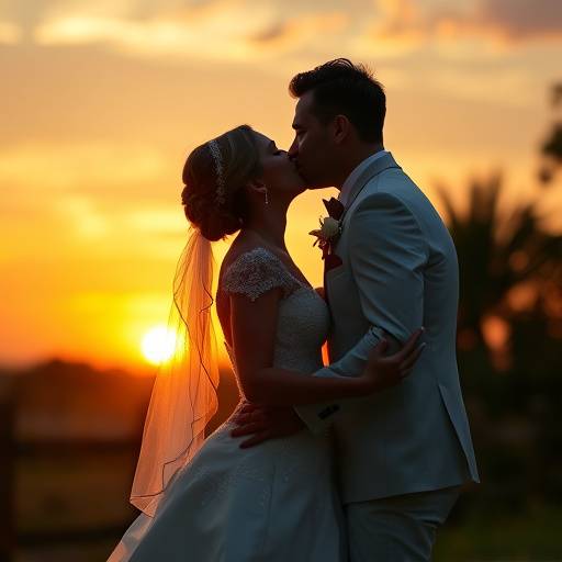 Stunning wedding photography example: Bride and groom sharing a kiss at sunset